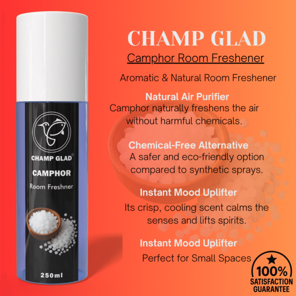 CHAMP GLAD Camphor Room Freshener Spray – Natural Air Purifier, Chemical-Free Aroma, Instant Mood Uplifter 250ml
